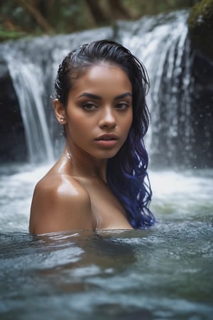 Photography, Portrait, Young woman, Frame: Close-up portrait. Scene: The woman is submerged in a waterfall, her reflection adding an ethereal touch. Details: She wears flowing fabric that floats in the water. Style: Artistic portrait portraying serenity and a connection with nature.  (full body shot) Artist: Ava Williams. Camera Model: Sony Alpha 1. Parameters: 8K UHD.