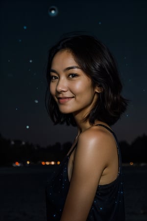 portrait photoshot, 'full body', 'gwon', 'women',  shy smile,  Light Brown Eyes,  'black hair',  ('night sky in the background':1.5),  'side hard Light', 'hard Light from the side'