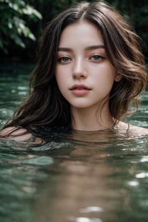 Photography, Portrait, Young woman, Frame: Close-up portrait. Scene: The woman is submerged in a flow of water from a waterfall, her reflection adding an ethereal touch. Details: She wears flowing fabric that floats in the water. Style: Artistic full body shot, portrait portraying serenity and a connection with nature. Artist: Ava Williams. Camera Model: Sony Alpha 1. Parameters: 8K UHD.