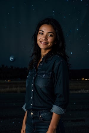 indoors, knees,  'jeans', blouse, 'indigenous woman',  shy smile,  Light Brown Eyes,  'black hair',  ('night sky in the background':1.5),  'side hard Light', 'hard Light from the side'