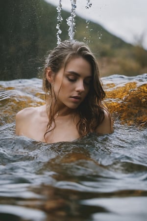 Photography, Portrait, Young woman, Frame: Close-up portrait. Scene: The woman is submerged in a waterfall, her reflection adding an ethereal touch. Details: She wears flowing fabric that floats in the water. Style: Artistic portrait portraying serenity and a connection with nature.  (full body shot) Artist: Ava Williams. Camera Model: Sony Alpha 1. Parameters: 8K UHD.