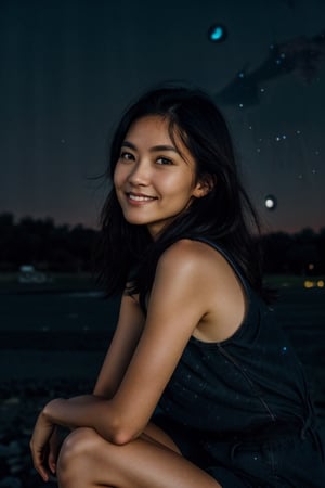 photoshot, knees 'gwon', 'woman',  shy smile,  Light Brown Eyes,  'black hair',  ('night sky in the background':1.5),  'side hard Light', 'hard Light from the side'