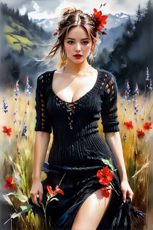 mj, HDR,  Young and Beautiful, Masterpiece, 8k, Intricate pose, clarity, flowers, Black knitted dress, Red mouth, Mélanie Delon, Carne Griffiths Style, oil painting ,realistic.. stunning full color RTX, 4k, Gabriele Dell'otto, AI Midjourney, vivid saturated colors, watercolor, oil paints, HDR, 500px, 4k, (pureerosface_v1:0.8), Korean,