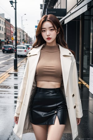 a hyper-realistic image of a girl, wearing a white raincoat, (accompanied by a German shepherd dog), both walking through the streets of Brooklyn on a rainy day. Highly detailed image, cloudy day lighting, captured with a canon 89D camera with 14mm 1.8f lens.brown eyes,korean, (pureerosface_v1:0.8), (ulzzang-6500-v1.1:0.8), , (15 years old gorgeous beautiful Korean woman:1.3), (kpop idol), (korean beauty), (korean mixed), Delicate and beautiful eyes and face, perfect body, lustrous skin,medium_breasts, red hair,sexy  top shirt in leather jacket, mini skirt,
