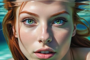 The most stunningly beautiful realistic upper body front facing photo of a incredibly sexy redhead female, sparkling detailed green eyes, suductivly starring at veiwer, thin lips, upper teeth showing,prefect teeth, girl next door look, hyper detailed face and eyes, ,photo of perfecteyes eyes,photo r3al,underwater,girl