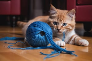 1cat playing with a ball of blue yarn