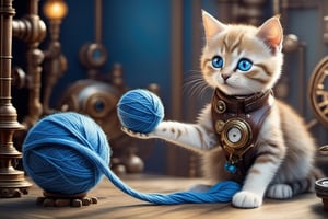 1cat playing with a ball of blue yarn,looking at veiwer,steampunk style,cyberpunk style