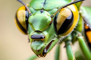 Macro Photography, a praying mantis head, highly detailed eyes, reflective eyes,a bumble bee in the reflecton in his eye,close-up, macro 400mm, macro photography,steampunk style