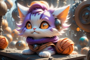 1purple and orange cat with long orange floppy ears, supper cute, white highly detailed eyes, large eyes, prepairing to attack a pile of balls of different coloured yarn,looking at veiwer,smiling with contemptment,steampunk style,cyberpunk style,Xxmix_Catecat