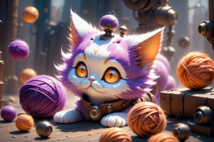 1purple and orange cat with long orange floppy ears, supper cute, white highly detailed eyes, large eyes, prepairing to attack a pile of balls of different coloured yarn,looking at veiwer,steampunk style,cyberpunk style,Xxmix_Catecat