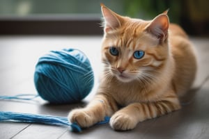 1cat playing with a ball of blue yarn,looking at veiwer