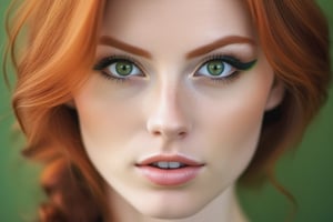 The most stunningly beautiful realistic upper body front facing photo of a incredibly sexy redhead female, sparkling detailed green eyes, suductivly starring at veiwer, thin lips, upper teeth showing,prefect teeth, girl next door look, hyper detailed face and eyes,  