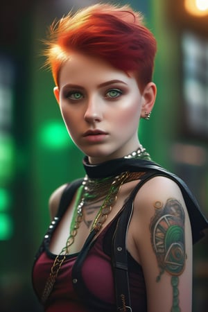 A punk goth teenager girl with slightly pale skin,bright green eyes, highly detailed eyes , short red hair , She wearing sexy clothes, showing her perfect breasts,suductive style , intricate artwork masterpiece, joyfull, matte painting movie poster, golden ratio intricate, epic, trending on artstation, highly detailed, vibrant, production cinematic character render, ultra high quality model