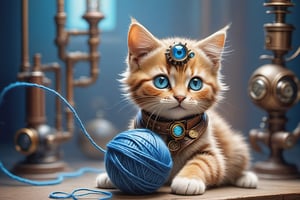 1cat playing with a ball of blue yarn,steampunk style,cyberpunk style