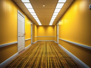 8k, high resolution, hdr, intricate details, realistic, an award-winning photograph of an eerily empty hallway, yellow walls and carpet, fluorescent lights, transitional space, liminal space, dread