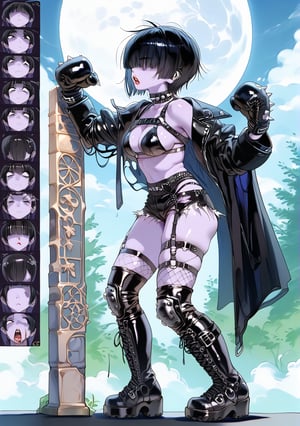 (Pastelcolors:1.3)、score_9, score_8_up, score_7_up, source_anime , medium_breasts, punk rock theme, moon, 1_girl, purple skin, extra long straight black hair over eyes, full body, red lipstick, gothic platform boots, knee pads with large spikes,  bdsm harness, (((black boxing gloves))), black trench coat, micro_bikini, thong_panties, ripped shorts, torn fishnets, garter belt, silly pose, close up shot from side, tarot card themed background,Hand,Perfect,Detailed,good_hands,4nd43rz,RAR,sagawa