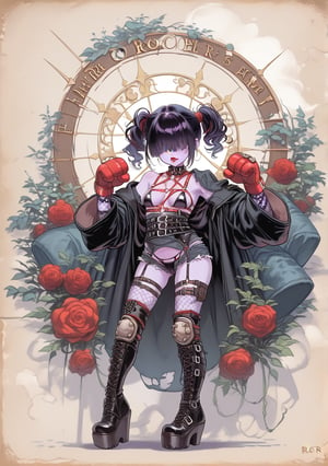 (Pastelcolors:1.3)、score_9, score_8_up, score_7_up, source_anime , medium_breasts, steampunk theme, moon, 1_girl, purple skin, extra long straight black hair over eyes, full body, red lipstick, gothic platform boots, knee pads with large spikes,  bdsm harness, red boxing gloves, black trench coat, micro_bikini, thong_panties, ripped shorts, torn fishnets, garter belt, silly pose, close up shot from side, tarot card themed background,Hand,Perfect,Detailed,good_hands,4nd43rz