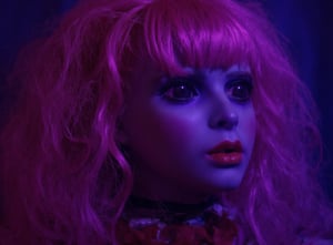 Super detailed, super realistic, beautiful purple skinned girl with long curly pink hair and blunt bangs, red lipstick,
 almond eyes, ((over-sized eyes)),horror face,80horror