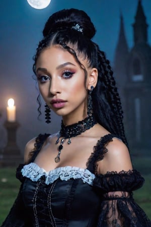 close up, Bhad Bhabie mixed with Halle Bailey, dressed in gothic_lolita clothes,black hair ,symmetrical eyes,big_breasts,night time, fullmoon, fog, graveyard in the background 