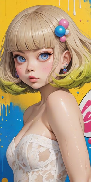 (masterpiece, best quality, ultra-detailed, 8K),highres, high detail, realisitc detailed,highres,sharp focus, 
a close up POSCA painting portrait of Kyary Pamyu Pamyu's fusion with 20-year-old Angel Olsen, looking back, greasy plump lip, glowing skin, floating bobcut hair, gradient hair color, with plutinum and azure blended hair coloring for a woman, in white lace strapless clothes, in rollerwave, stenciled yellow iconography background, wet on paper, wet splatters, no wings