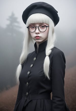 A stern-faced (elf girl:1.3), Kyary Pamyu Pamyu's fusion with 20-year-old Angel Olsen, stands formally, her pale skin a canvas for the wispy freckles that dance across her features. Her platinum blonde hair falls in straight, silky strands down her back, framing her sharp jawline and piercing grey eyes, which narrow into a scowl. A sleek black military school jacket with high collar and chin strap is cinched at her waist, showing cleavage, complemented by a black beret perched atop her head. Circle glasses with thin frames perch on the end of her nose, lending an air of intelligent intensity to her countenance. Her bangs are trimmed close to her eyebrows, adding to her overall sense of formality and discipline. The fantasy setting is marked by subtle hints of mysticism in the misty background, where ancient trees and mysterious orbs seem to whisper secrets to the wind.