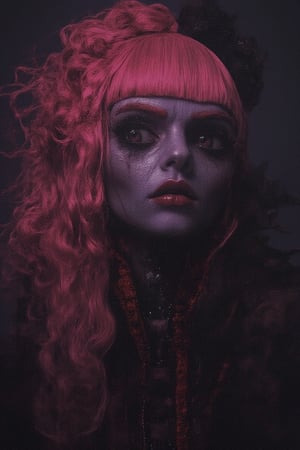 Super detailed, super realistic, beautiful purple skinned girl with long curly pink hair and blunt bangs, red lipstick,
 Wearing a sexy goth corset, almond eyes, ((over-sized eyes)),aidmaabdhr,jntsmoscuro