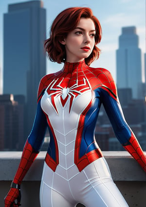 (Extreme Detail CG Unity 8K wallpaper, masterpiece, highest quality), (exquisite lighting and shadow, highly dramatic picture, cinematic lens effect), a girl Anne Hathaway in a red Spider-Man costume, red hair color, from the Spider-Man parallel universe, Wenger, Marvel, Spider-Man, on the roof, (dynamic pose), (excellent detail, outstanding lighting, wide angle), (excellent rendering, enough to stand out in its class), focus on white Spider-Man costume, complex spider texture, xxmix_girl, p3rfect boobs