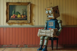 realistic photograph of a square-headed robot, sitting on a stool next to a wall, the papers robot's body and head is old and worn and with rusty cracks and scratches, the robot is made of cardboard and paper. the robot looks to the side with a bored expression, the robot holds a bale of old newspapers in its hands, the wall decorated with old and worn red striped wallpaper, a still life painting hanging on the wall. 1950's style photograph. highly detailed.