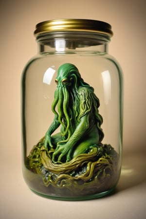 Cthulhu figure into a glass jar, (masterpiece)
