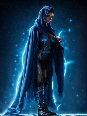 A voluptuous cat-woman figure adorned in a futuristic armor suit. The armor is predominantly white with intricate blue patterns and glowing elements. She wears a hooded cloak that covers her head and shoulders. Her face is accentuated with blue, glowing facial markings that resemble tribal tattoos. The background is a gradient of deep red to blue, creating a contrasting ambiance. The overall aura of the image suggests a blend of science fiction and fantasy elements., vibrant, illustration. Side view. 