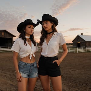 two young native-american women, wearing cowgirl hats, tied shirts, black and white short pants, cowgirl boots, native-american women, tanned, choker and neckline, long hair, (masterpiece), next to a horse stable, sunset lights, high resolution, professional photography