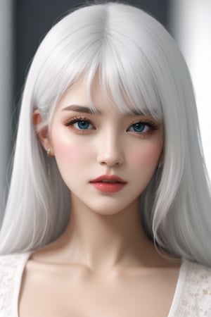 A stunningly beautiful woman with a delicate, porcelain face and cascading white hair