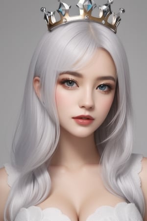 A captivating woman with a perfect face and a crown of shimmering white hair