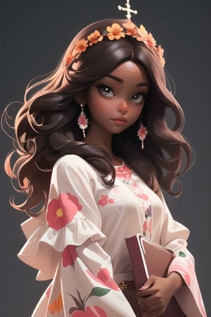  pixar style, beautiful woman with brown hair, dark skin tone, long curly, with holy bible in her hand , A simple, minimalistic art with mild colors, using Boho style,  happy face, holy bible, fairytale, floral crown, realistic and detailed hair, not plasticized ,disney movie m close up of a character from cartoon, cute detailed digital art, digital painting, girl portrait, 8k high quality detailed art, loish and wlop, Guweiz style art, cartoon digital painting art, cute digital art, painting detailed digital,
