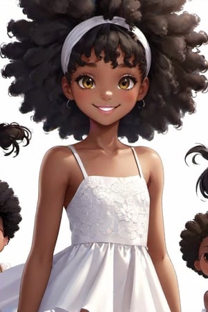 Loli girl, cabelo afro crespo preto , sorriso e olhos delicados, vestido branco, fundo simples, Melhor Qualidade