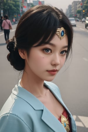 Bust portrait of a stunningly beautiful woman with a delicate, porcelain face, wear wonder woman costume, in street, morning, soft light ambience,Indonesiadoll