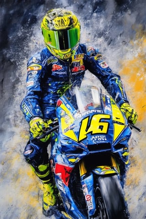 painted as a watercolour painting, Valentino rossi (VR) 46 helmet image,  drenched in the rain, silver to blue , full body, racing pose, background is stormy weather with lightning, contrasting colours, perfection, suave, Layered washes of different hues and densities, deadly, artistic, fiery eyes glowing, meditating, magical powers, fantasy, lightning fists,  powerful, fierce, black to red white aura emanating from his fists
