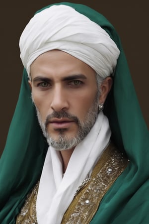 Arab Sufi Elder, adorns himself in simple Arabic worship clothing,((Cowboy Shot)),
simple,
A graceful white turban adorns his head,
Her outfit was decorated with a green shawl, accentuating her imposing presence. Discreet use of black eyeshadow enhances her eyes, complementing her determined expression. This ensemble not only reflects Saladin's historical heroism, but also displays a commanding and dignified style.
Very realistic, Dark Fantasy Legend,1boy