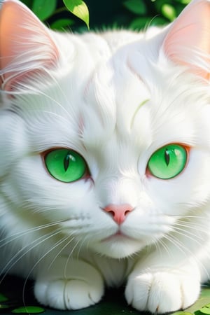 white cat, green eyes, cute, thicc, cute_face, detailed eyes, perfect eyes, Sakimi chan art style, neoart art style