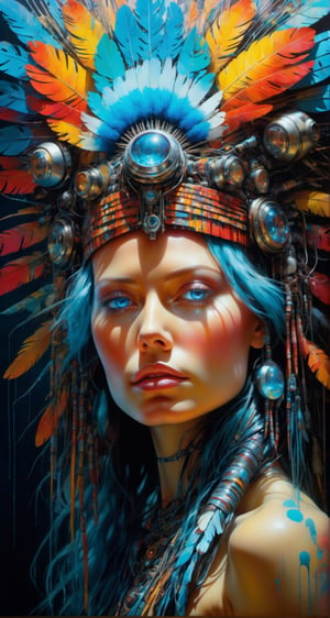 Please create a masterpiece,  stunning beauty,  perfect face,  light_blue_eyes, epic love,  Slave to the machine,  full-body,  hyper-realistic oil painting,  vibrant colors,  Body horror,  wires,   ,  native american war bonnet,  biopunk,  cyborg by Peter Gric,  Hans Ruedi Giger,  Marco Mazzoni,  dystopic,  golden light,  perfect composition,  multiple colours dripping paint,  