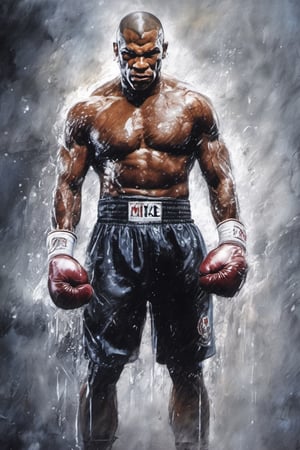 painted as a watercolour painting, mike tyson image,  drenched in the rain, silver to black hair, lean muscles, full body, fighting pose, background is stormy weather with lightning, contrasting colours, perfection, suave, Layered washes of different hues and densities, deadly, artistic, fiery eyes glowing, meditating, magical powers, fantasy, lightning fists, fearsome kicks, powerful, fierce, black to white aura emanating from his fists