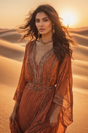 Generate hyper realistic image of a Persian woman wearing a flowing bohemian dress in warm desert tones, her hair cascading in loose waves, standing against the backdrop of a sandy dune as the sun sets in a palette of fiery hues. up close