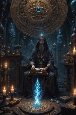 Persian, Generate hyper realistic image of a mysterious conjurer surrounded by arcane symbols and esoteric artifacts. The conjurer's eyes should burn with eldritch power as it weaves dark spells, summoning otherworldly entities from realms beyond. Capture the enigmatic atmosphere of the conjurer's lair, where reality and the occult converge.