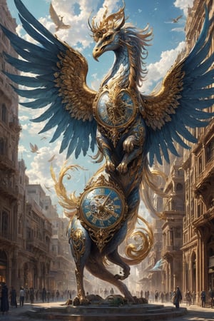 Generate hyper realistic image of the Persian Chrono Seraphim in a time-warped realm, a majestic creature with clockwork wings and an ethereal hourglass tail, existing at the intersection of past, present, and future.