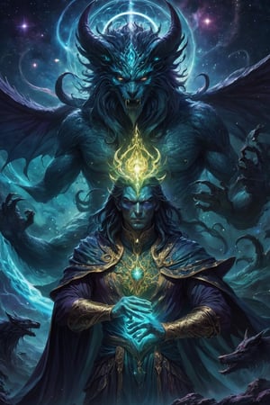Generate hyper realistic image of an astral warlock metamorph  Persian monster embracing an eldritch transformation in a mystical astral realm. Illuminate the scene with cosmic energies as the warlock undergoes a profound metamorphic change.
