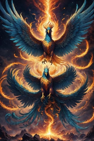 Generate hyper realistic image of a  Persian  celestial phoenix metamorph monster rising from ashes within the astral plane. Illuminate the scene with radiant astral energies as the phoenix undergoes a majestic and transformative rebirth.