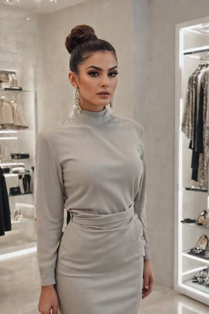 Generate hyper realistic image of a Persian modern icon, she sports a sleek top knot, high-fashion makeup, and a couture ensemble while perusing the racks of a high-end luxury boutique. The boutique's elegant interior complements her status as a trendsetter..up close,REALISTIC,Extremely Realistic