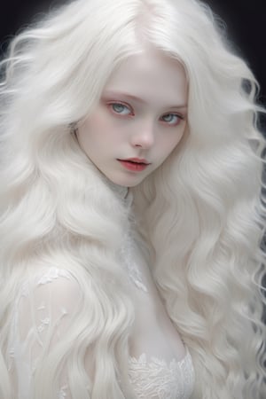 (best quality, 4k, 8k, highres, masterpiece:1.2), A creepy yet intriguing digital illustration portrait of a albino pale young Persian girl, pure white hair,
psychedelic long hair, She wears a sexy seductive white lace outfit with white fur accents, embodying the essence of allure and sensuality, ,valent_1314