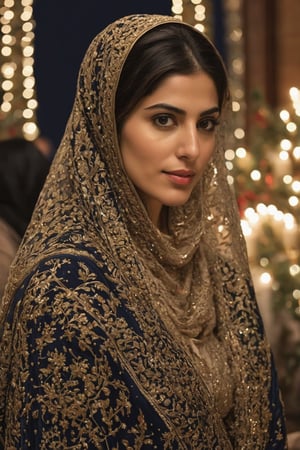 Generate hyper realistic image of a Persian woman attending a midnight Christmas Mass, dressed in an elegant and modest ensemble, capturing the grace and reverence of the holiday season.up close