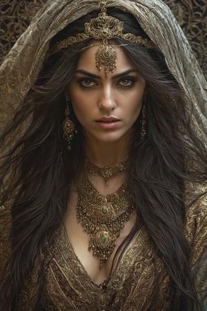 Persian ,Generate hyper realistic image of an enchantress with an air of malevolence, surrounded by swirling dark energies, her gaze capable of casting curses and weaving spells that plunge those who cross her into despair.. up close